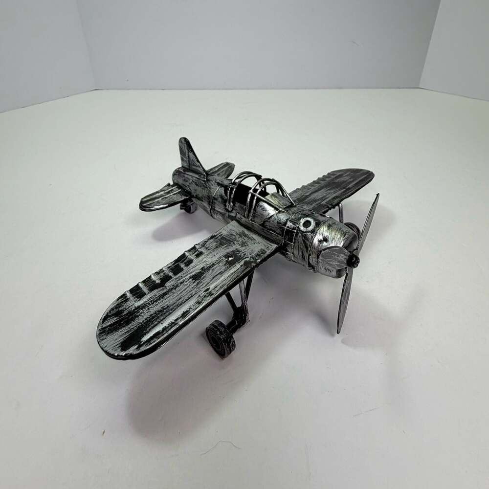 Vintage Style Distressed Silver Metal Airplane Model Desk Decor